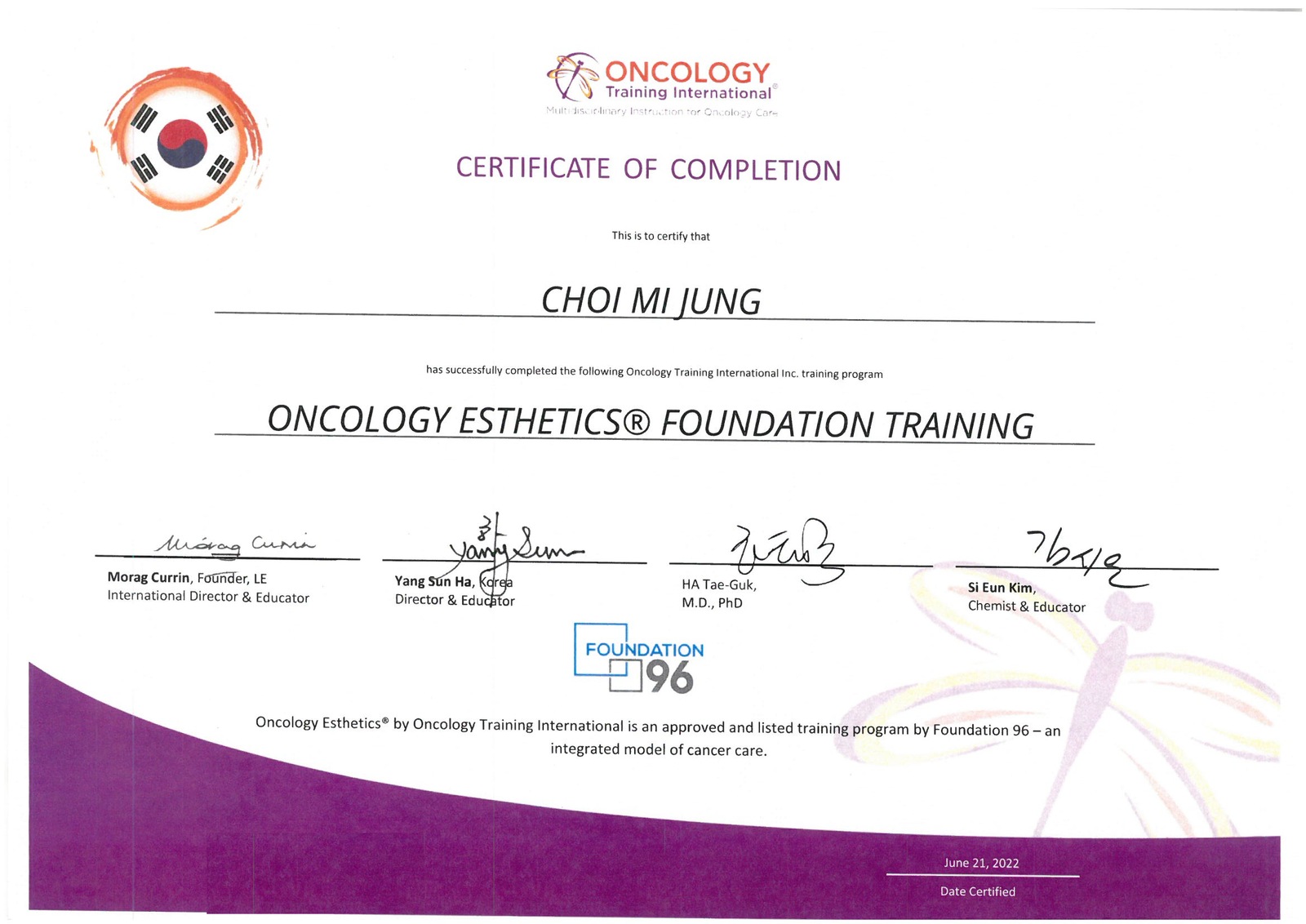 최미정 원장 Oncology Esthetics Foundation Training 수료증 2022